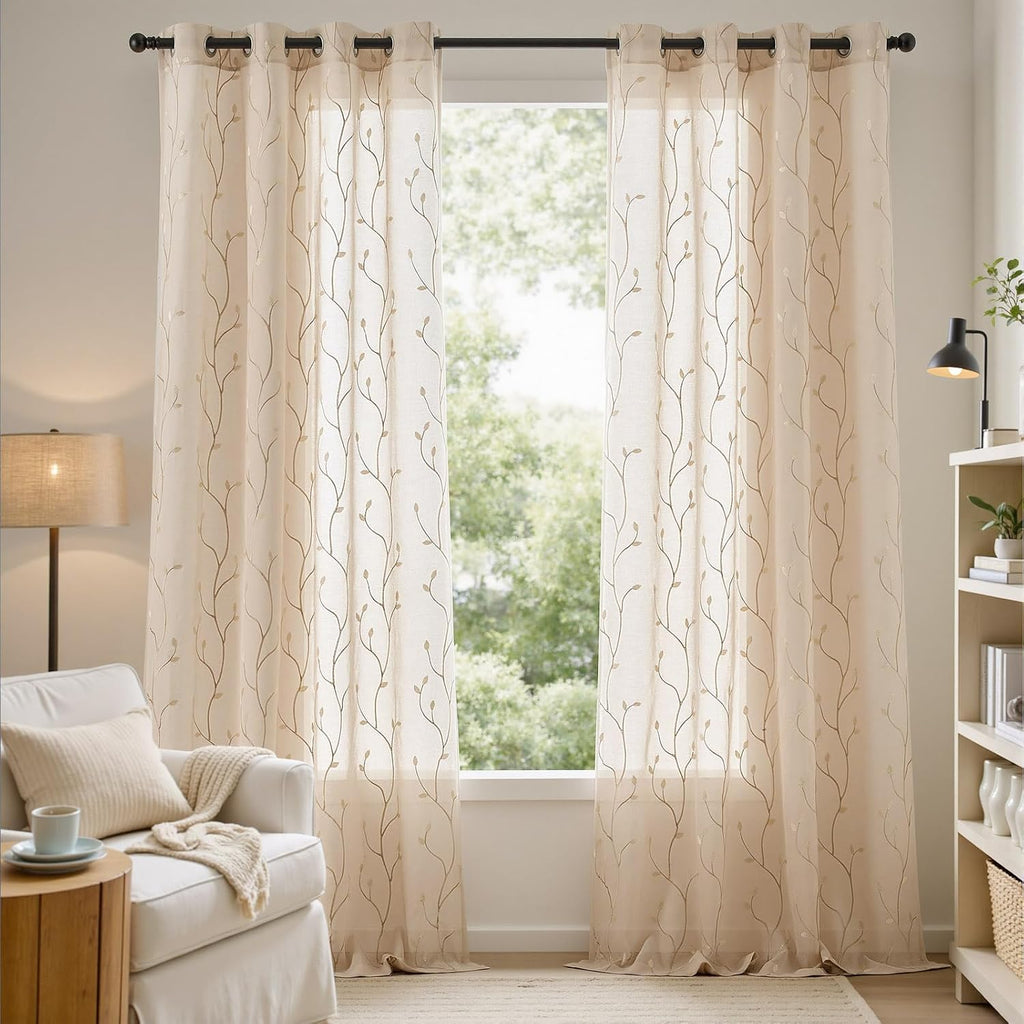 Sheer Curtains for Bedroom Leaf Embroidered Semi Sheers for Living Room Botanical Embroidery Voile