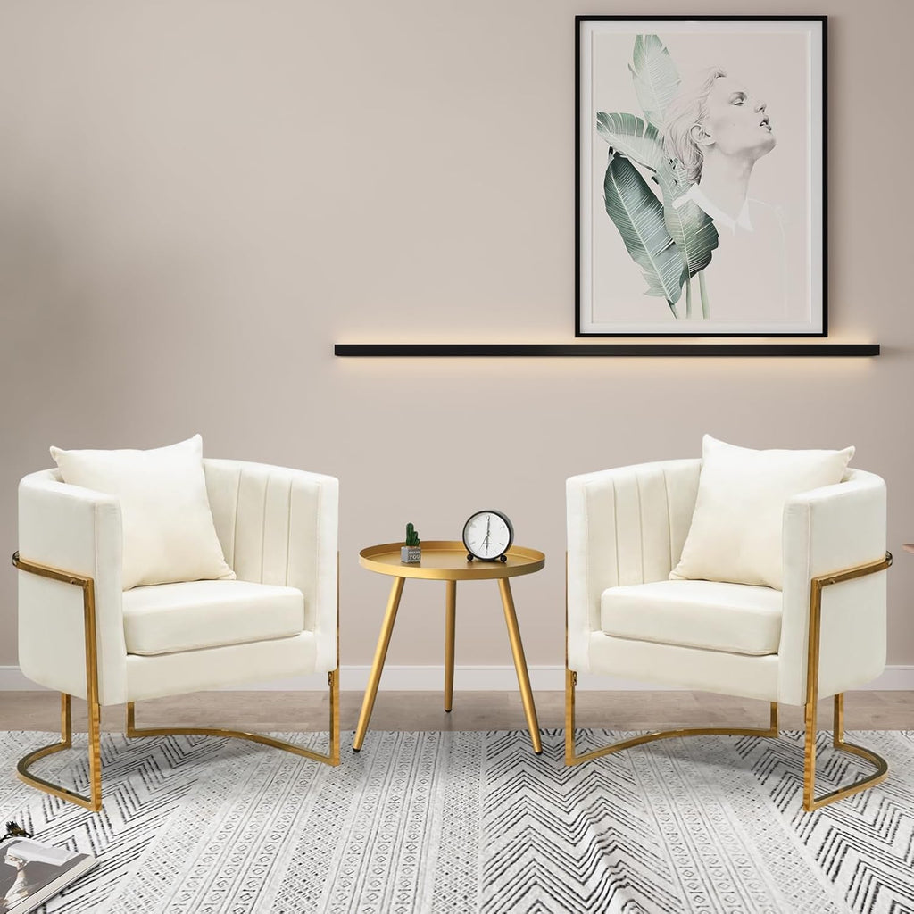 Velvet Modern Accent Chair, Upholstered Barrel Armchair Mid Century with Pillow , Comfy Single Vanity Chair with