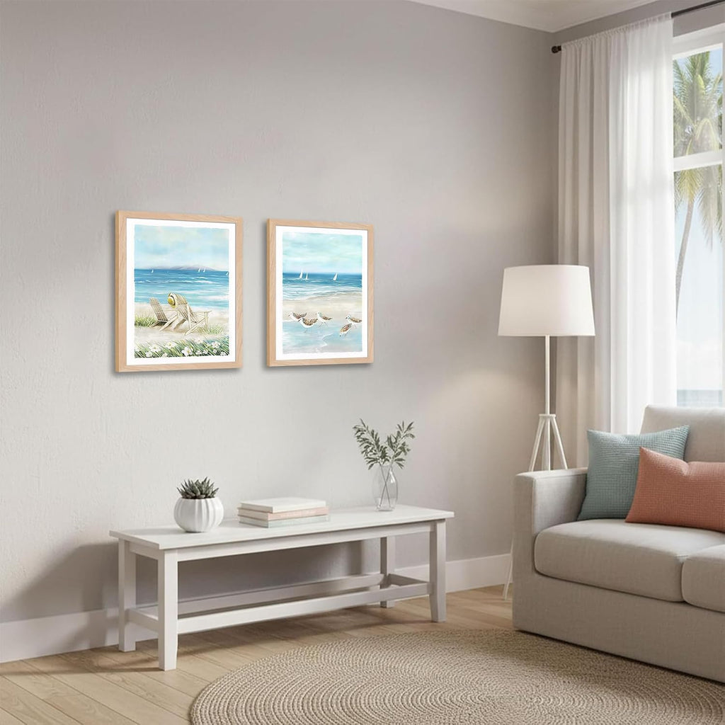 Framed Beach Wall Art Set of 2, Coastal Canvas Prints with Solid Wood Frame & Acrylic Cover, Ocean Seaside Painting