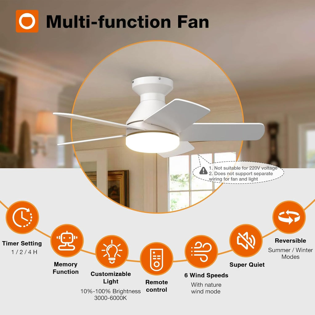 Ceiling Fans with Lights, 32inch Low Profile Ceiling Fan with Light and Remote Control, Flush Mount, Reversible, 3CCT, Dimmable, Quiet, White Small Ceiling Fan for Bedroom Indoor/Outdoor Use