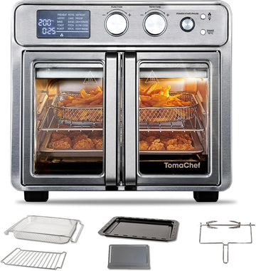 26QT French Door Air Fryer Toaster Oven Combo, 15 Cooking Functions including Rotisserie, and Digita