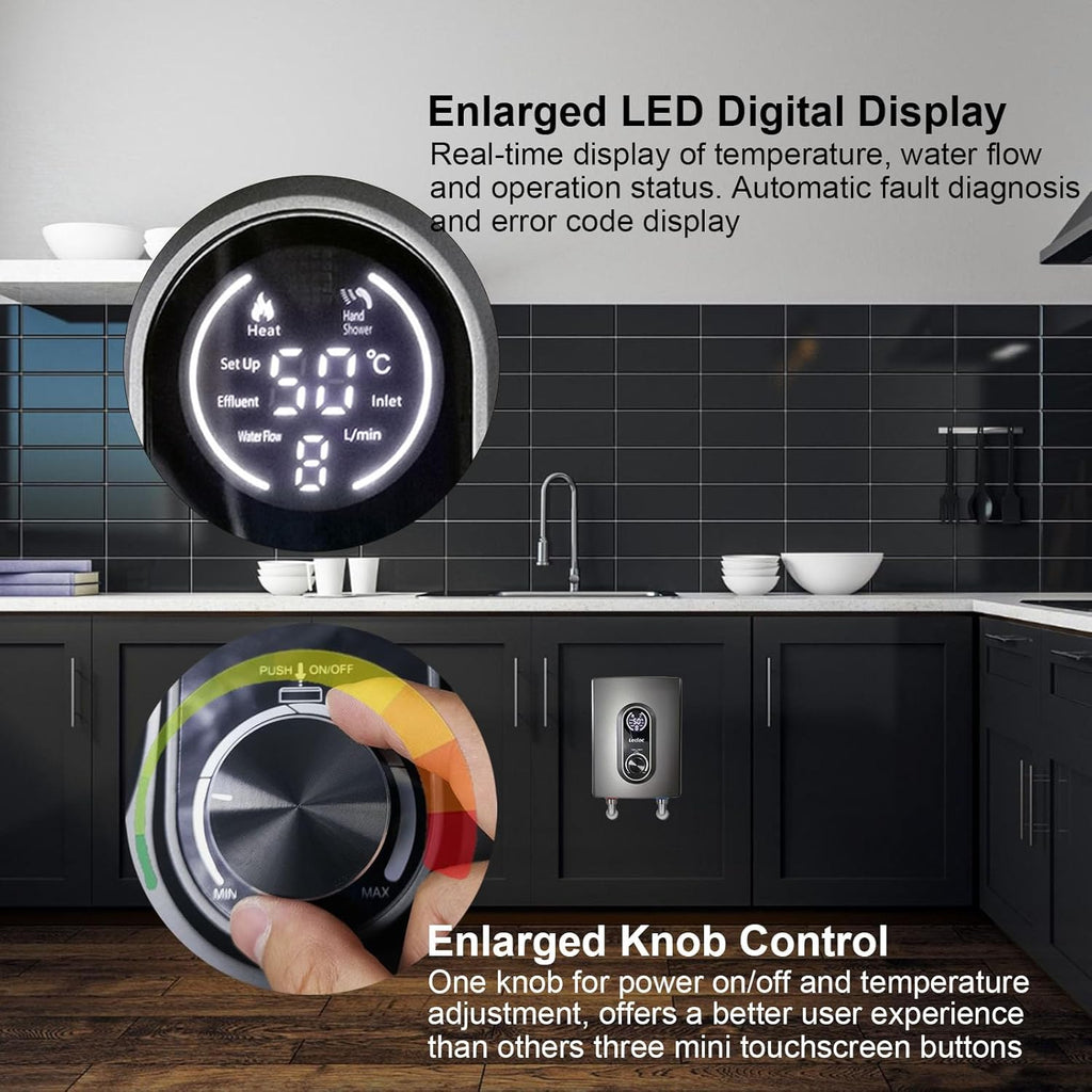 Mini Tankless Instant Water Heater Under Sink 3000W 120V Plug In, LED Digital Display with Big Control Knob, IPX4