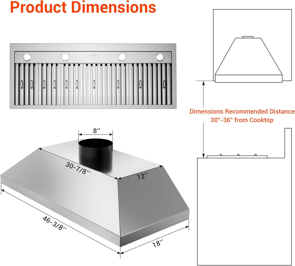 48 Inch Stainless Steel Range Hood Insert 1150 CFM 4 Speed LED Lights Ducted