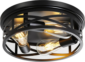 Farmhouse Flush Mount Ceiling Light 12 Inch E26 3-Light Large Black Anti-Rust Metal Cage Close to Ceiling Lamp for Overhead Entryway Kitchen Outdoor Porch 1pack