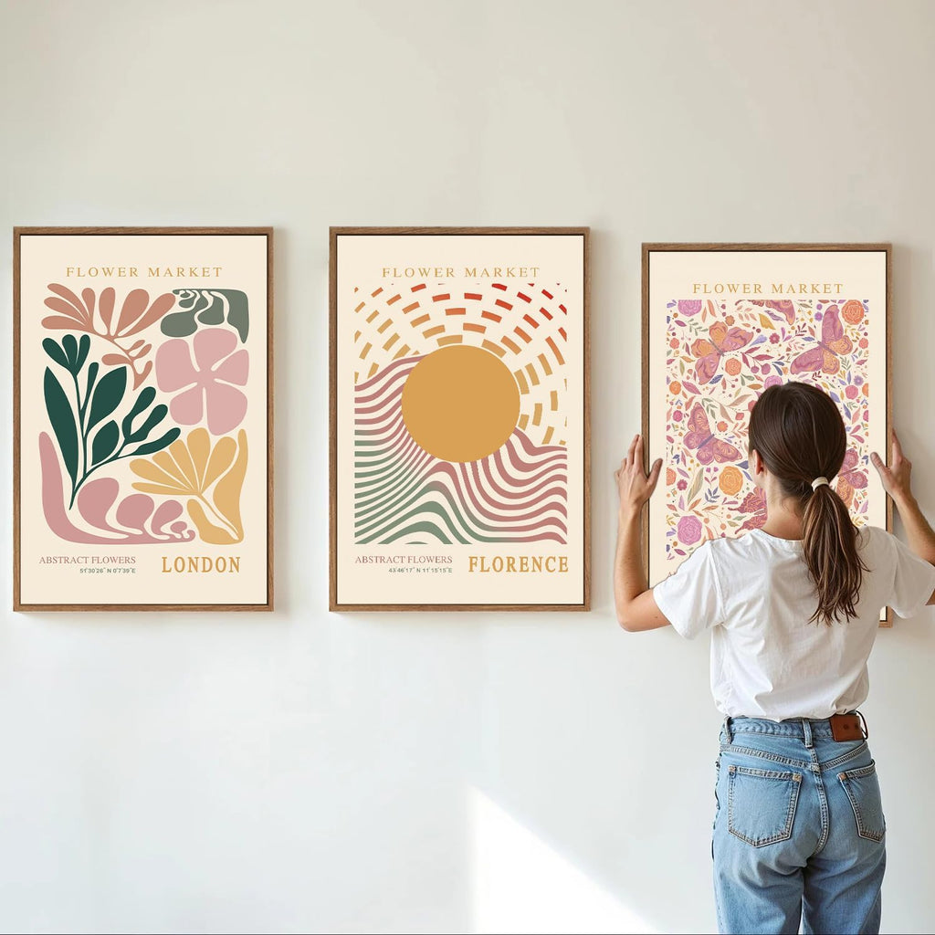Boho Flower Market Framed Canvas Wall Art Set, Pink Beige Cute Butterfly Wall Decor, Colorful Abstract Floral Wall