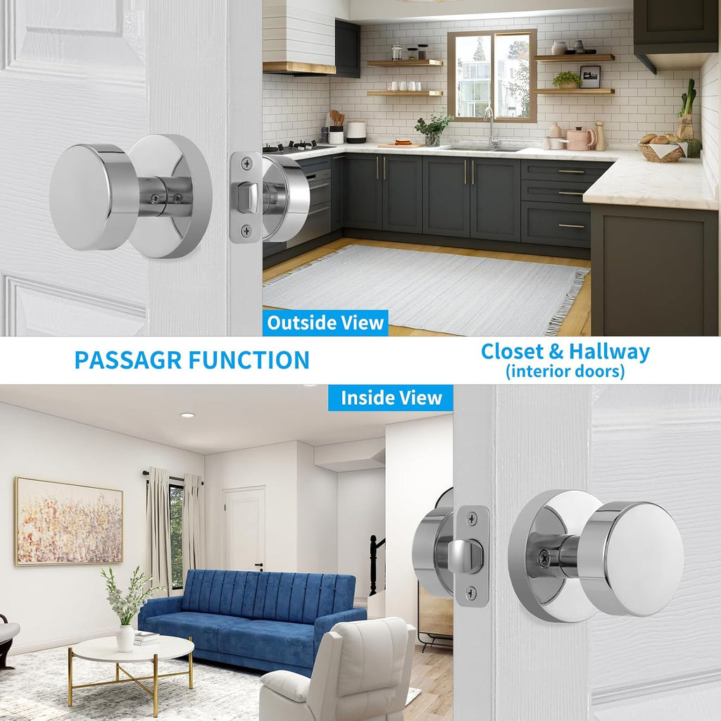 Passage Door Knobs Interior, Polished Chrome Door Knob for Closet, Modern Round Passage Door Handles