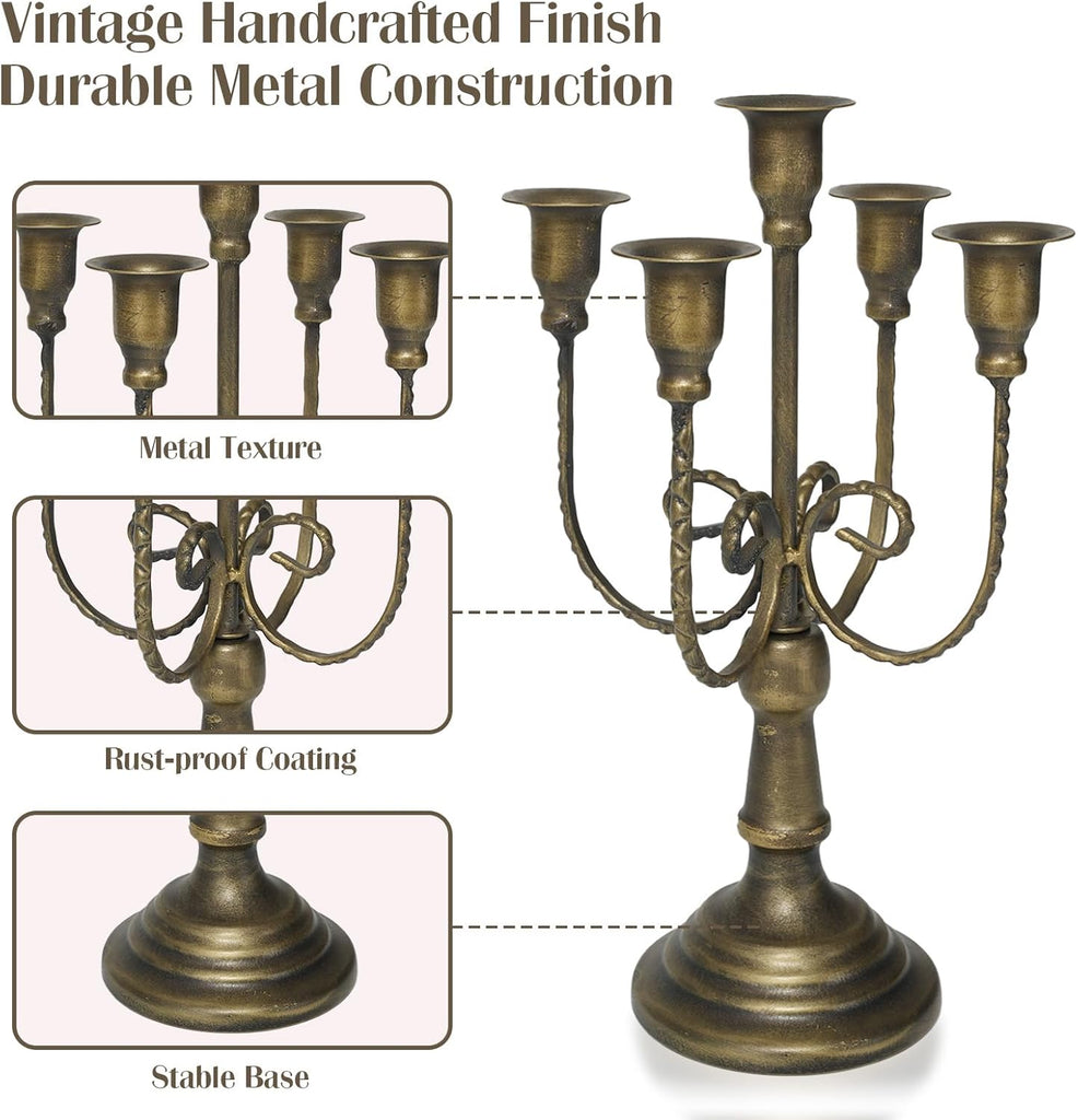 5 Arm Bronze Candelabra Candle Holder Set of 3, 11.7" Vintage Metal Candlestick Holders for Taper Candles Elegant