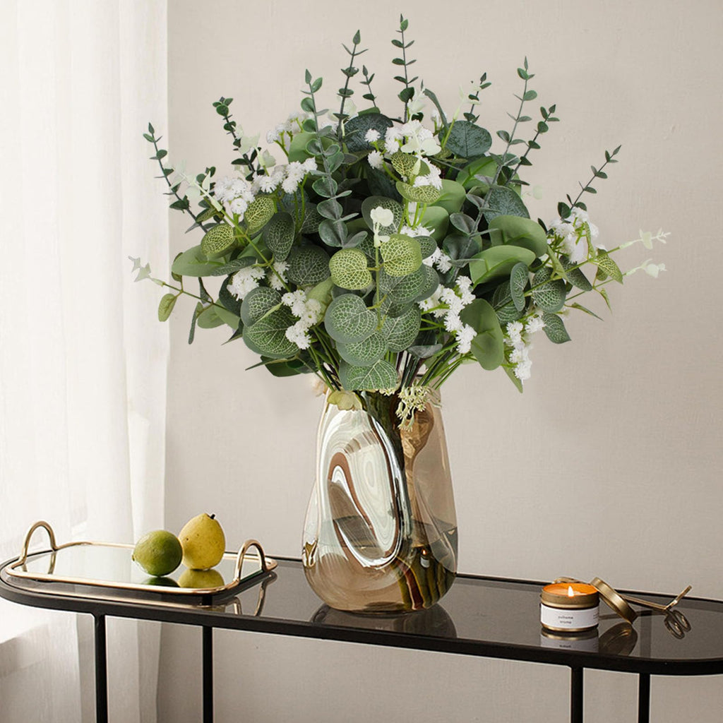 Artificial Eucalyptus Leaves Stems 120 Pcs 4 Kinds Mixed Fake Silver Dollar Eucalyptus Leaves Stem with Babysbreath