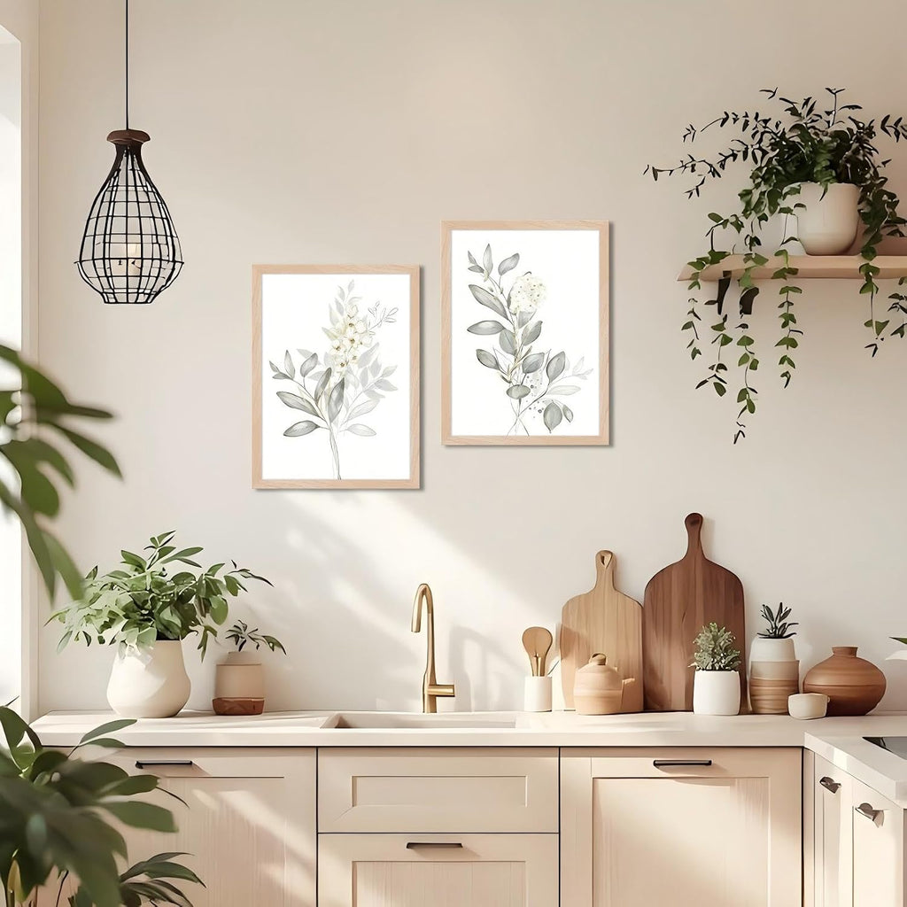 Framed Botanical Wall Art Set of 2 Minimalist Floral Canvas Prints with Solid Wood Frame & Acrylic Cover, Neutral