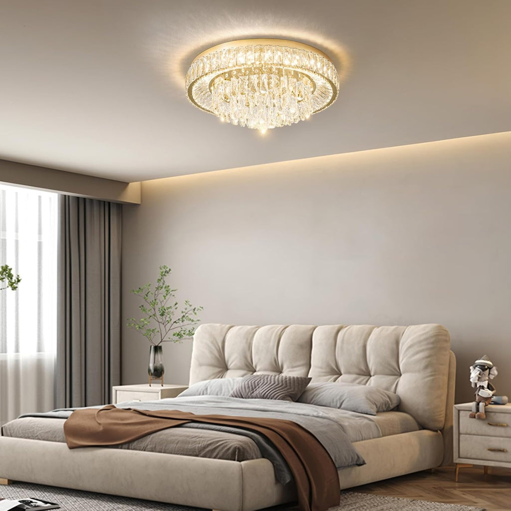 Modern LED Gold Crystal Chandelier: Flush Mount Crystals Ceiling Light With Remote - 24" Round Crystal Chandeliers