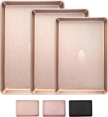 Nonstick Sheet Pan Set of 3, Heavy Duty Cookie Sheets for Oven with Stripe Texture Pattern, 0.6mm Thick