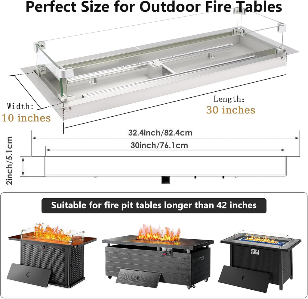 30 x 10 Inch Drop-in Fire Pit Kit, Premium Stainless Steel Modern Fire Trough with Tempered Glass Wind Guard, Burner Pan
