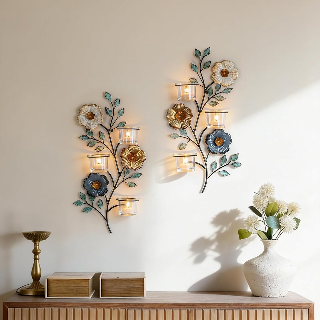 Candle Sconces Wall Decor: Wall Candle Holder with 6 Glass Cups for Tealight - Colorful Metal Flower and Leaf Sconces