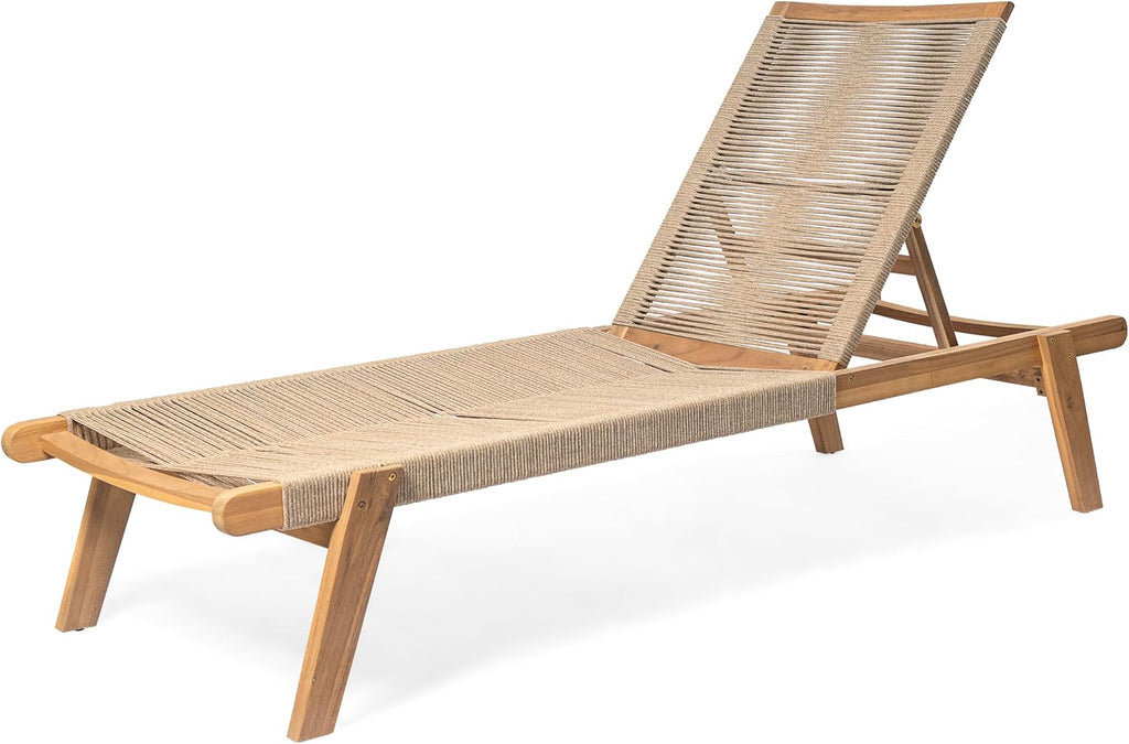 Outdoor Chaise Lounge Chair Set of 2, 77" L Acacia Wood Patio Lounge Chair with 4 Adjustable Position, Rope Woven