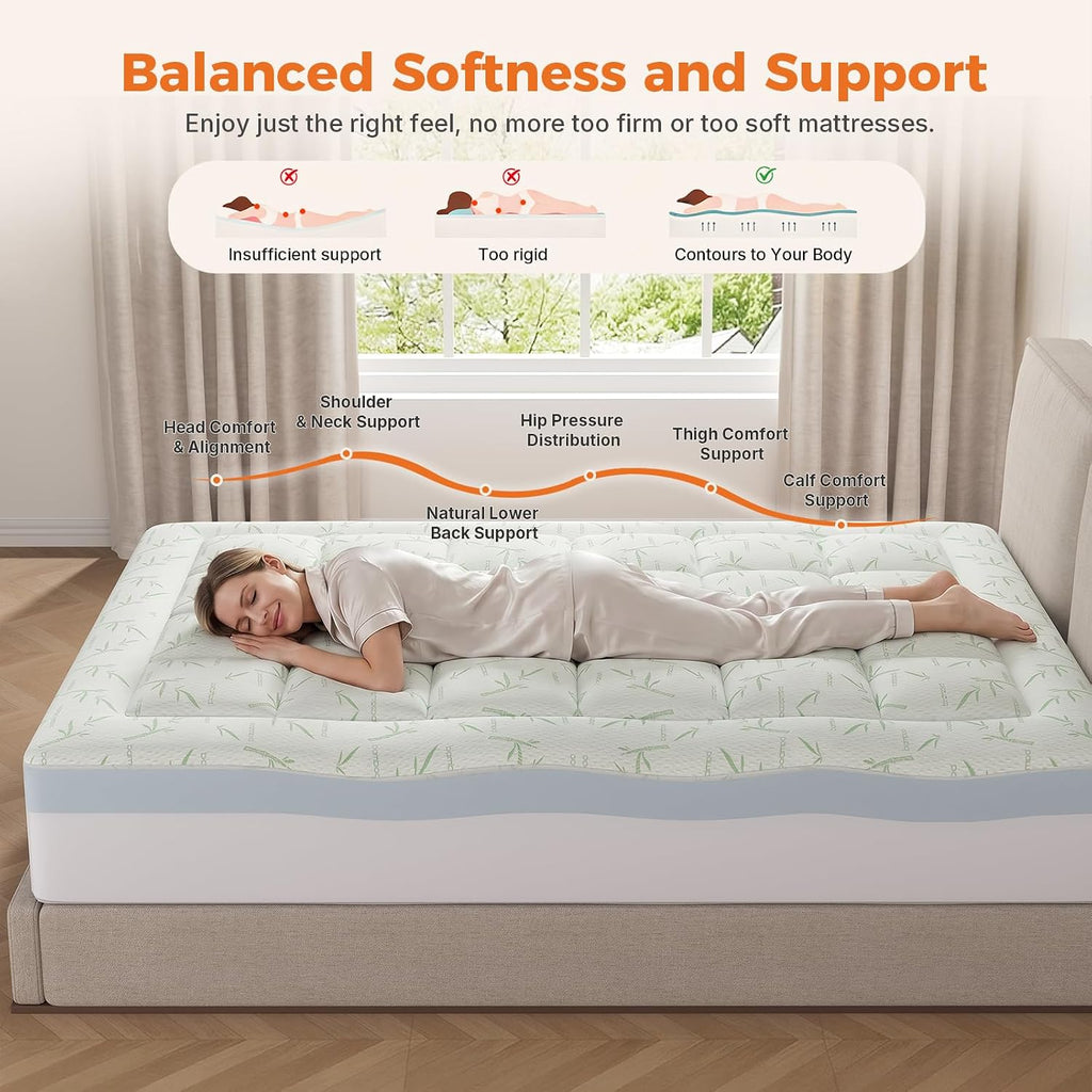 Queen Mattress Topper, Memory Foam, 2 Inch Cooling Pad | Dual Layer Gel Infused Cooling, Down Alternative Pillowtop