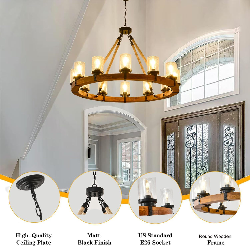 Inspired Camino Style Chandelier - Rustic 12 Light Round Wood Wagon Wheel Chandelier with Seeded Glass Shade, Farmhouse for Dining Room, Kitchen Island, Foyer and Entryway