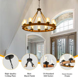 Rustic 12 Light Wagon Wheel Chandelier, Round Wood Pendant Light with Seeded Glass Shade, Farmhouse Chandeliers for Dining Room Kitchen Island Foyer Entryway A105-B0F2SQPLWT