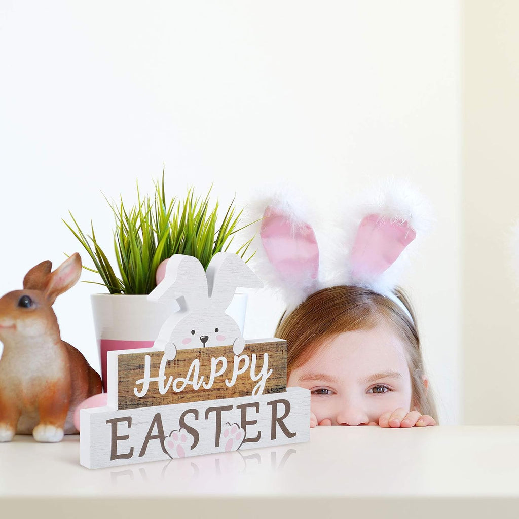 Easter Decorations for Table, Wooden Happy Easter Bunny Decor Sign, Wood Rabbit Block Tabletop Centerpiece Farmhouse