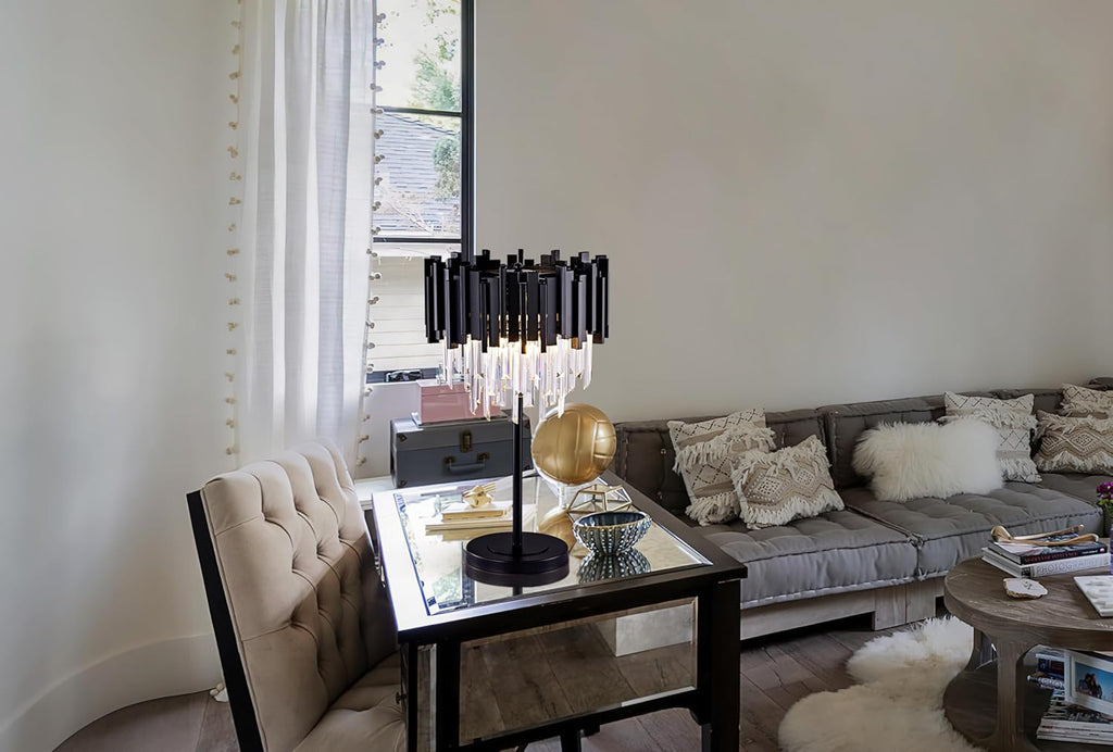 Black Crystal Table Lamp,3 Lights Table Lamps,Black Bedside Nightstand Lamps,Small Decorative Desk Lamp Room,Metal Base