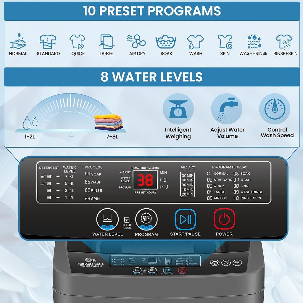 Portable Washing Machine 20Lbs Portable Washer Machine with 10 Programs 8 Water Levels, 2.8 Cu.ft Washer and Dryer
