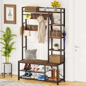 Hall Tree with Shoe Storage, 5-in-1 Reversible Entryway Bench with Coat Hooks , Rustic Wood and Metal Coat Rack with
