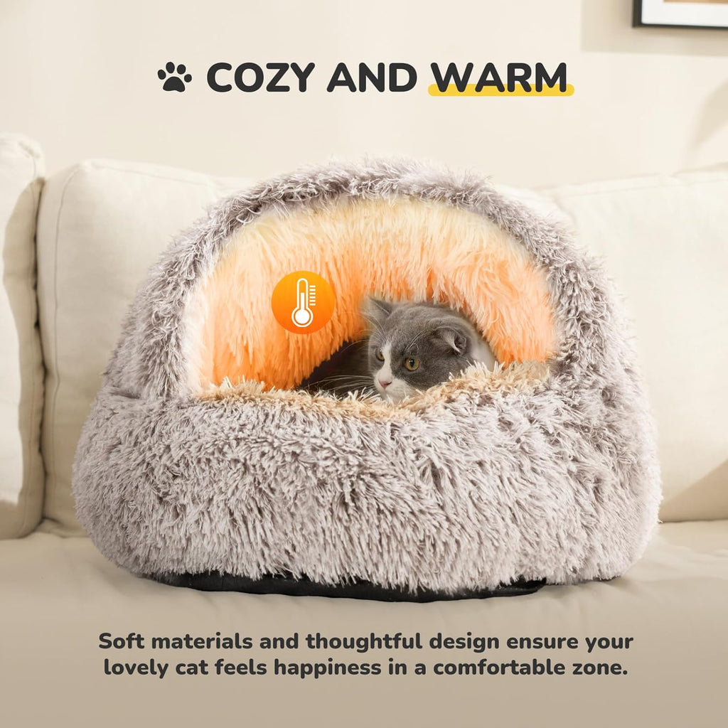 Plush Hooded Cat Bed, Calming Nest, Self-Warming Cave, Cozy Pod for Indoor Cats or Small Dogs
