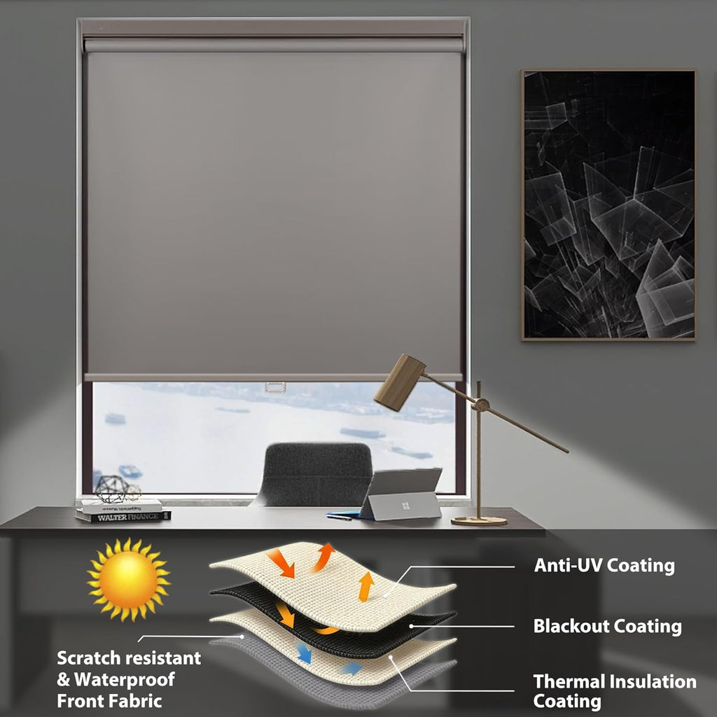 No Drill Cordless Blackout Roller Shades Screwless Waterproof Shower Window Blinds, Auto-Retraction Easy Install