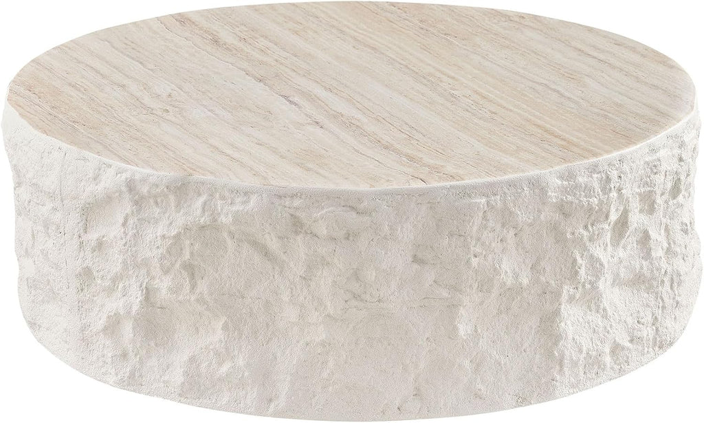 35.43" Round Coffee Table for Living Room, Modern Faux Marble Travertine Coffee Table, Sculptural Fiberglass Drum Cent