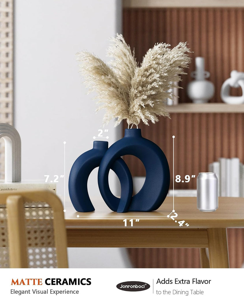Blue Vase Set of 2 - Donut Navy Vases Home Decor, Modern Coastal Decor - Decorative Vase, Ceramic