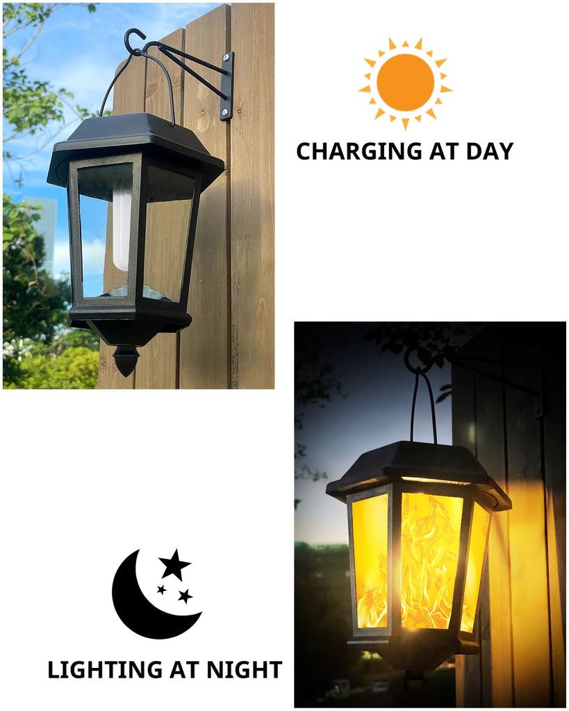 Solar Lanterns Outdoor Waterproof, Hanging Solar Lights with Glass Shade - 2 Pack LED Metal Wall Mount Outdoor Light