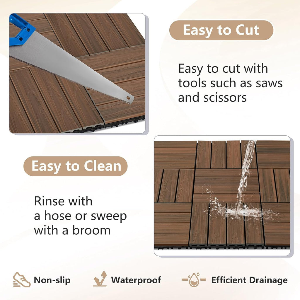 Interlocking Deck Tiles 9 PCS, 12" x 12" All-Weather Plastic-Wood Outdoor Patio Flooring Tiles for Indoor, Balcony