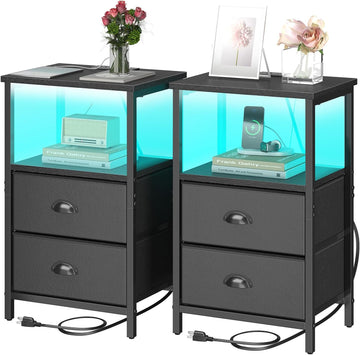 Nightstand with Charging Station, LED Night Stand Set 2, Bedside Table End Table Set of 2, Bedroom Table with 2