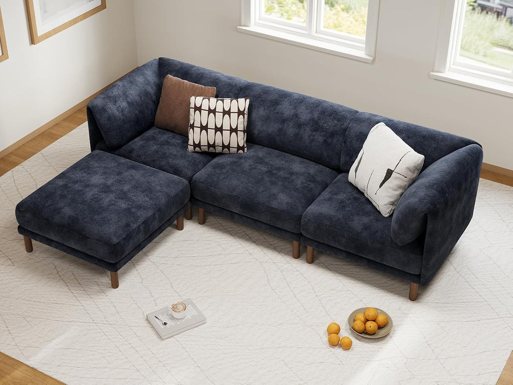 Modular Sectional Sofa,4 Seater L-Shaped Mid Century Modern Couch, Deep Seat Modular Couch, Chenille Comfy Solid Wood