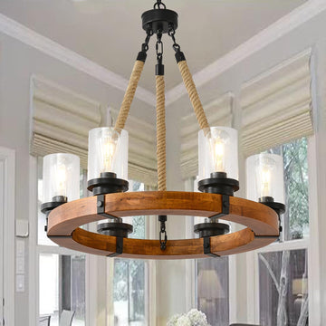 Inspired Camino Style Chandelier - 6 Light Wooden Wagon Wheel Chandelier with Seeded Glass Shade, Rustic Farmhouse Pendant for Dining Room, Kitchen and Entryway