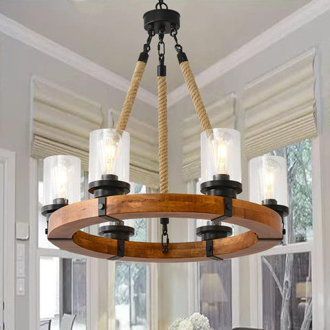 6 Light Wagon Wheel Chandelier,Wooden Chandelier Light Fixture with Seeded Glass Shade Rustic Farmhouse Pendant for Dining Room Kitchen and Entryway A105-B0DN1JTHLZ