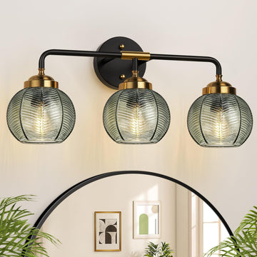 Bathroom Light Fixtures, 3-Light Green Vanity Lights with Unique Leaf Texture Glass Shade, Modern Matte Black and