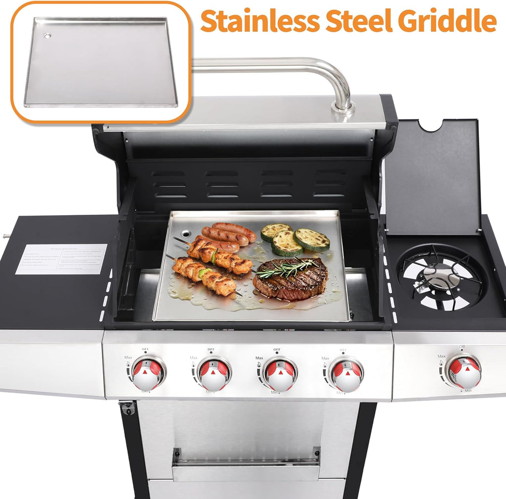 4-Burner Propane Gas Grill with Side Burner, 49,000 BTU BBQ Grill with Cast Iron Grates, Griddle and Charcoal Tray