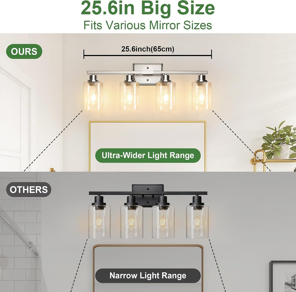 Bathroom Light Fixtures, 4-Light Vanity Lights with Clear Glass Shade, Modern Brushed Nickel Wall Light for Mirror