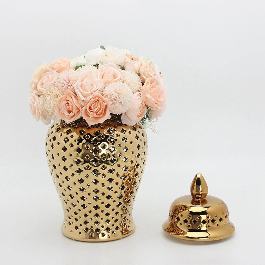 Ceramic Ginger Jar, Light Luxury Pierced Gold Collectable Decorative Lattice for Ornament Home Decoration Cafe Gift