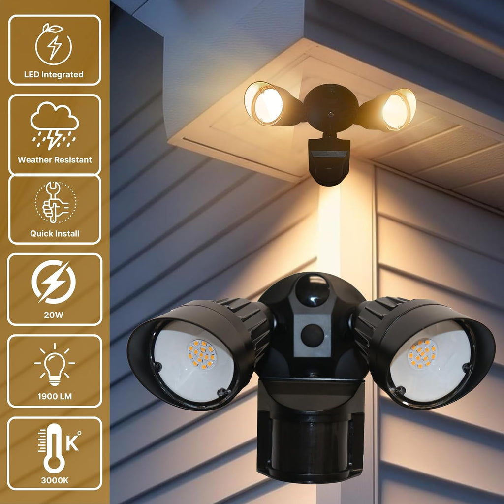 LED Black Motion Sensor 2-Light Bullet Flood Light- 3000K Adjustable Dual Head Outdoor Security Light, Dusk to Dawn