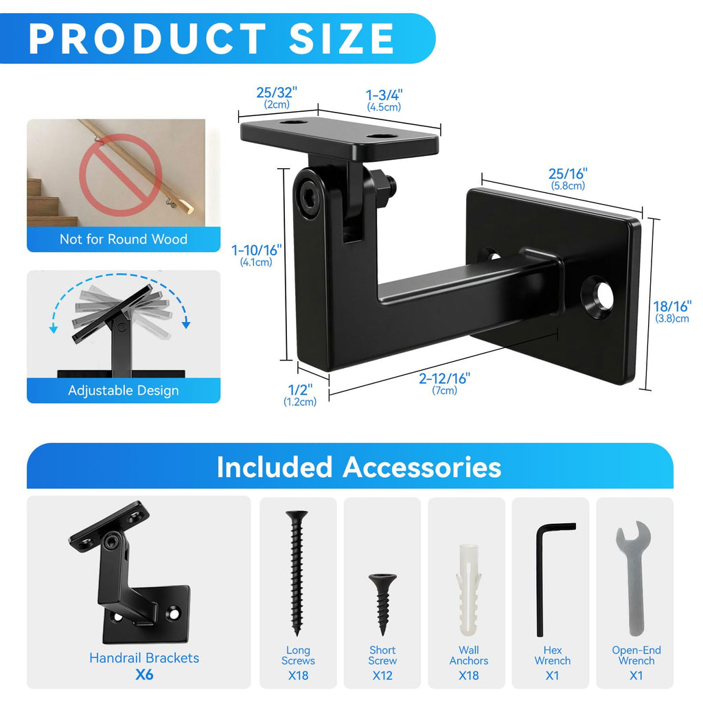 6 Pack Handrail Brackets, Adjustable Handrail Bracket for Staircase Black
