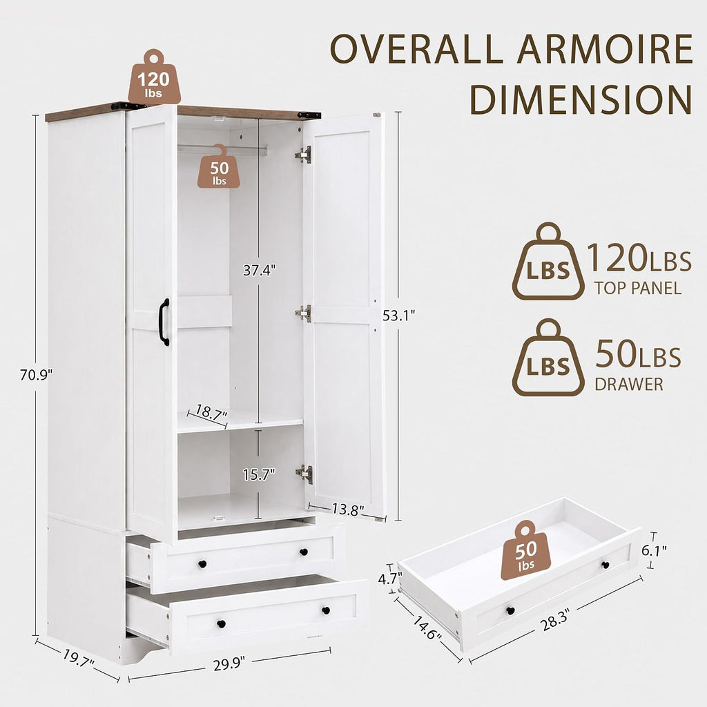 71" Wooden Armoire Wardrobe Closet with 2 Doors & 2 Drawers, White | Modern Tall Storage Cabinet with Adjustable