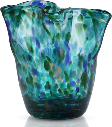 Hand Blown Glass vase, Green Wide-Mouth Petal-Shaped vase, Modern Glass Art Decoration - Set of 2