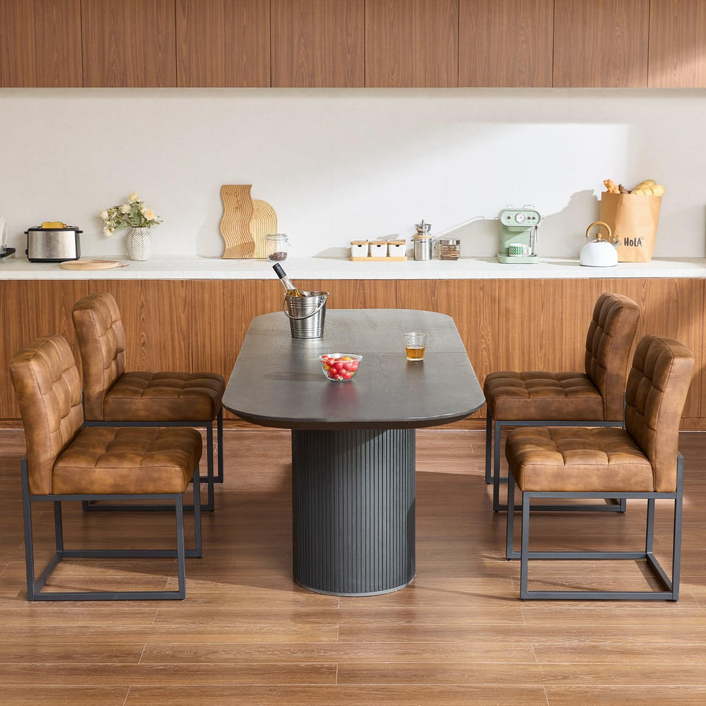 Faux Leather Dining Chairs Set of 4, Mid-Century Modern Armless Dining Room Chairs with Checkered Upholstery and Metal Legs, Coffee