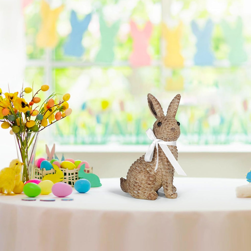 Rattan Effect Resin Bunny Easter Decor,Table Rabbit Easter Decorations,Spring Bunnies Decoration Statue Figurine - Set of 2