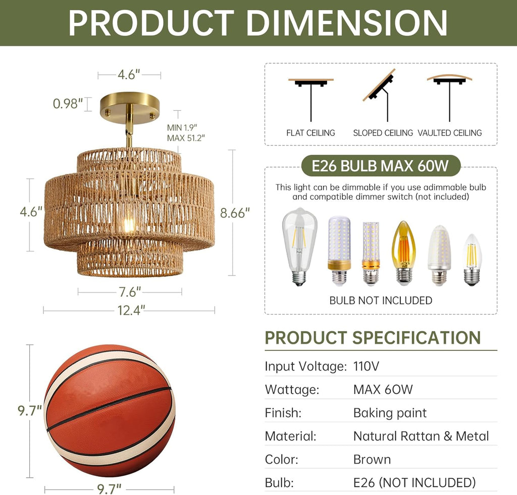 12.4" Boho Rattan Chandelier Light Fixture, 1-Light Hand Woven Pendant Light Fixture Farmhouse Rustic Hanging Lamp
