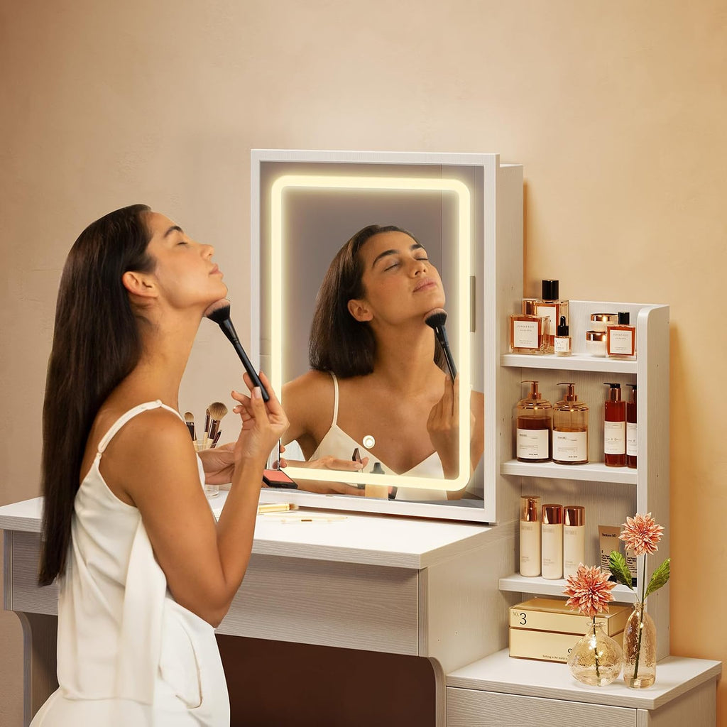 White Makeup Vanity Desk with Sliding Mirror & 4 Drawers | Smart LED Mirror, 3 Adjustable Lighting Modes, Vanity