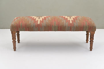 Acacia Wood Kilim Jute Fabric Upholstered Bench | Southwestern Pattern Wooden Ottoman with Turned KD Legs , End of