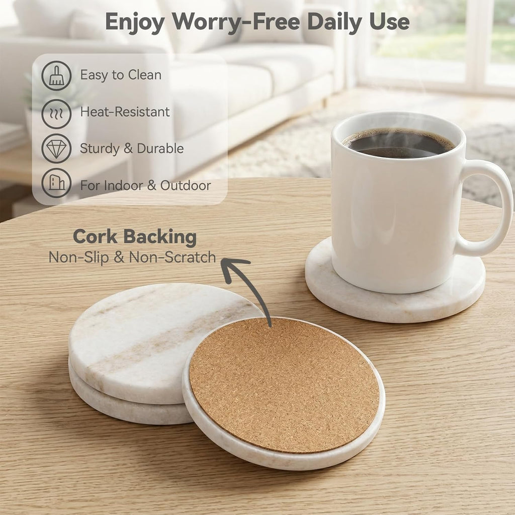 Creamy White Marble Coasters with Holder, Neutral Drink Coasters for Coffee Table, 4" Round Polished White - Set of 4