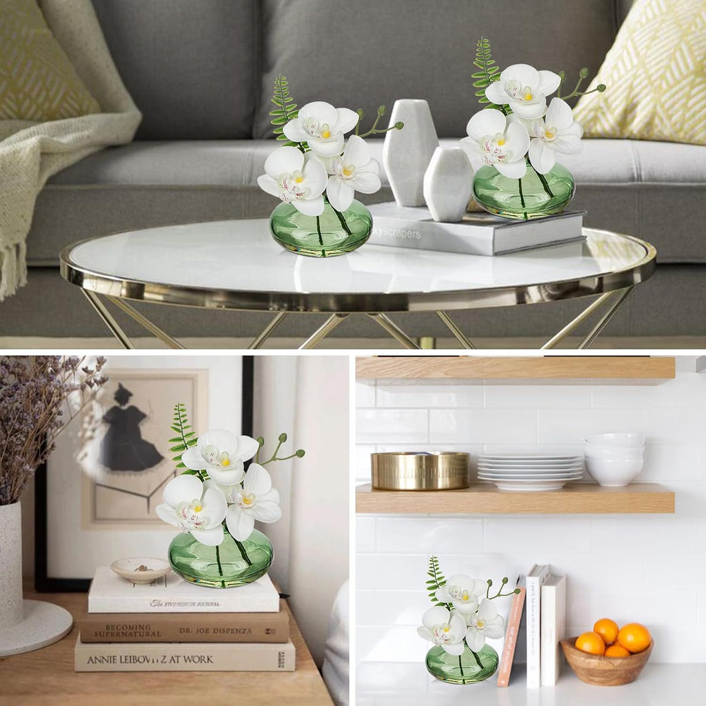 White Orchids Artificial Flowers Faux Orchids Arrangement in Light Green Glass Vases Set of 3 Real Touch Phalaenopsis
